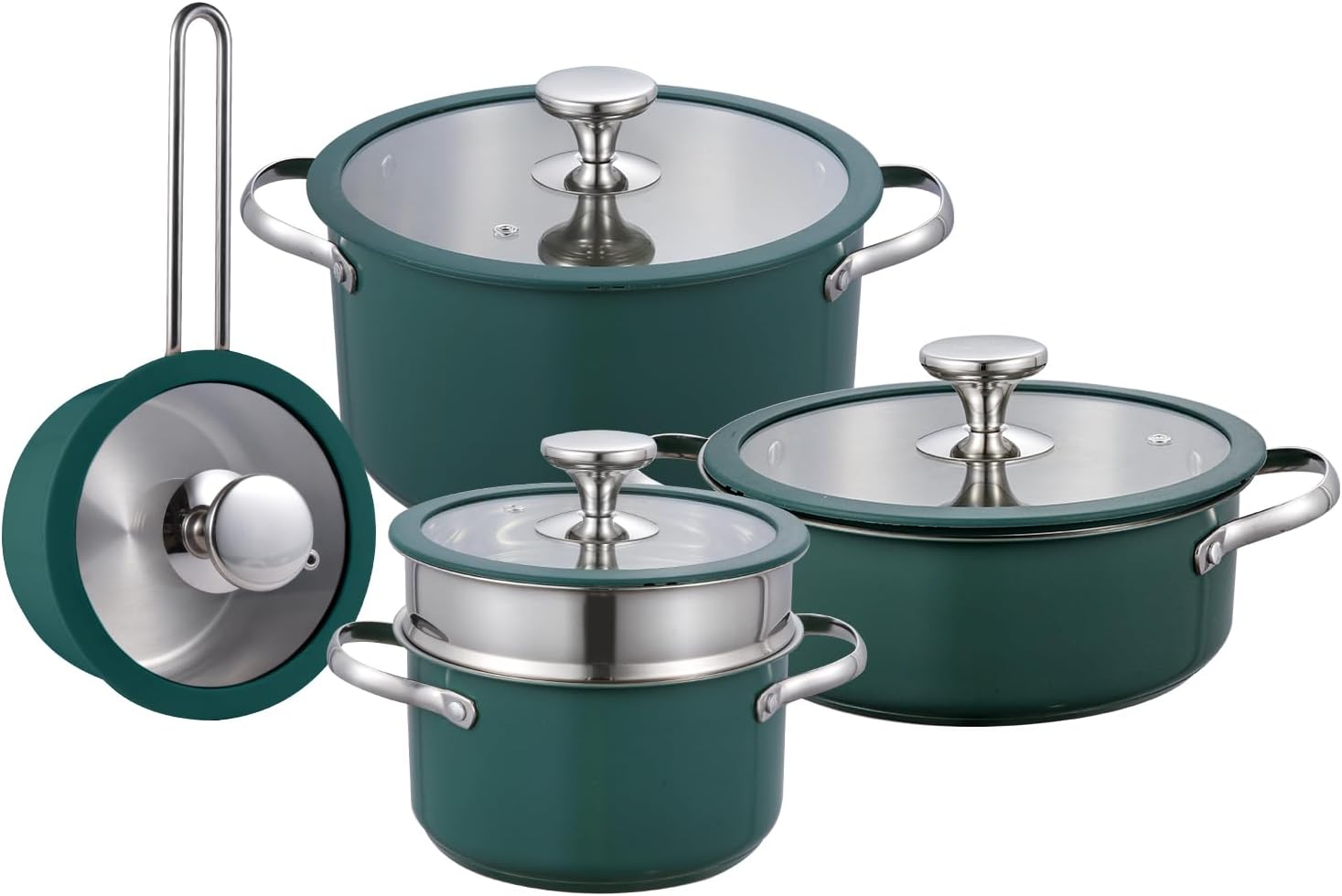 9pcs 304 Stainless Steel Cookware Set with Ceramic Coating ¨C Nonstick. Durable. and Elegant Kitchen Pots with Glass Lids ¨C Compatible with All Stovetops. Easy to Clean.Green