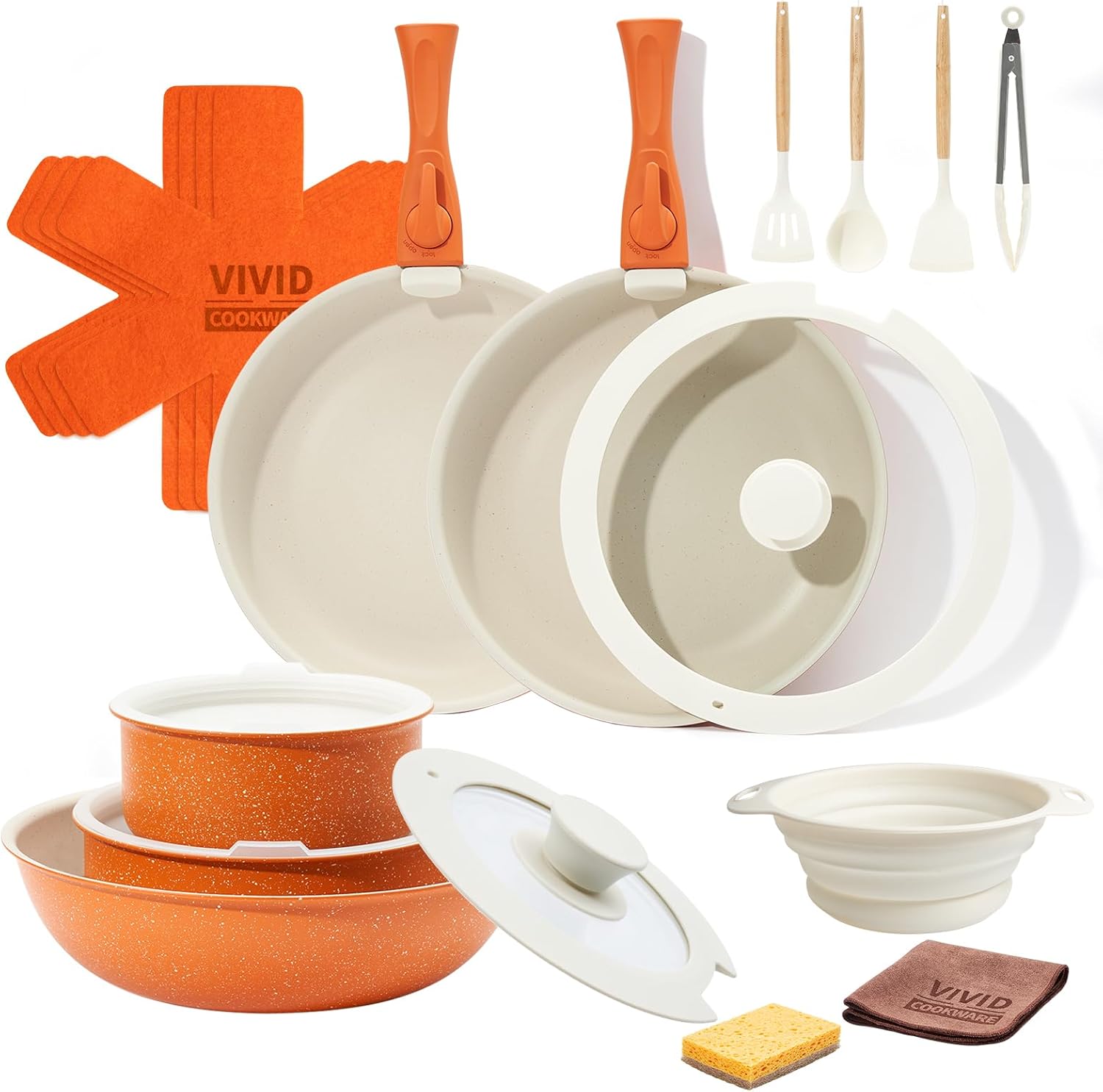 Ceramic Cookware Sets. Pots and Pans Set Nonstick. 22Pcs Induction Cookware. Non-toxic Healthy Non Stick Kitchen Cooking Set with Detachable Handles. PFAS PTFE PFOA PFOS Free (Orange)