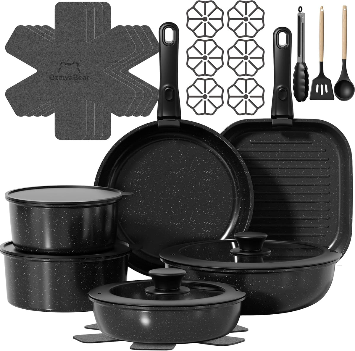 26 Pcs Pots and Pans Set Non Stick. Ceramic Cookware Set Non Toxic with Detachable Handles. Healthy Induction Cookware Dishwasher Oven Safe RV Kitchen Set. PFAS PFOA & PTFE Free. Black