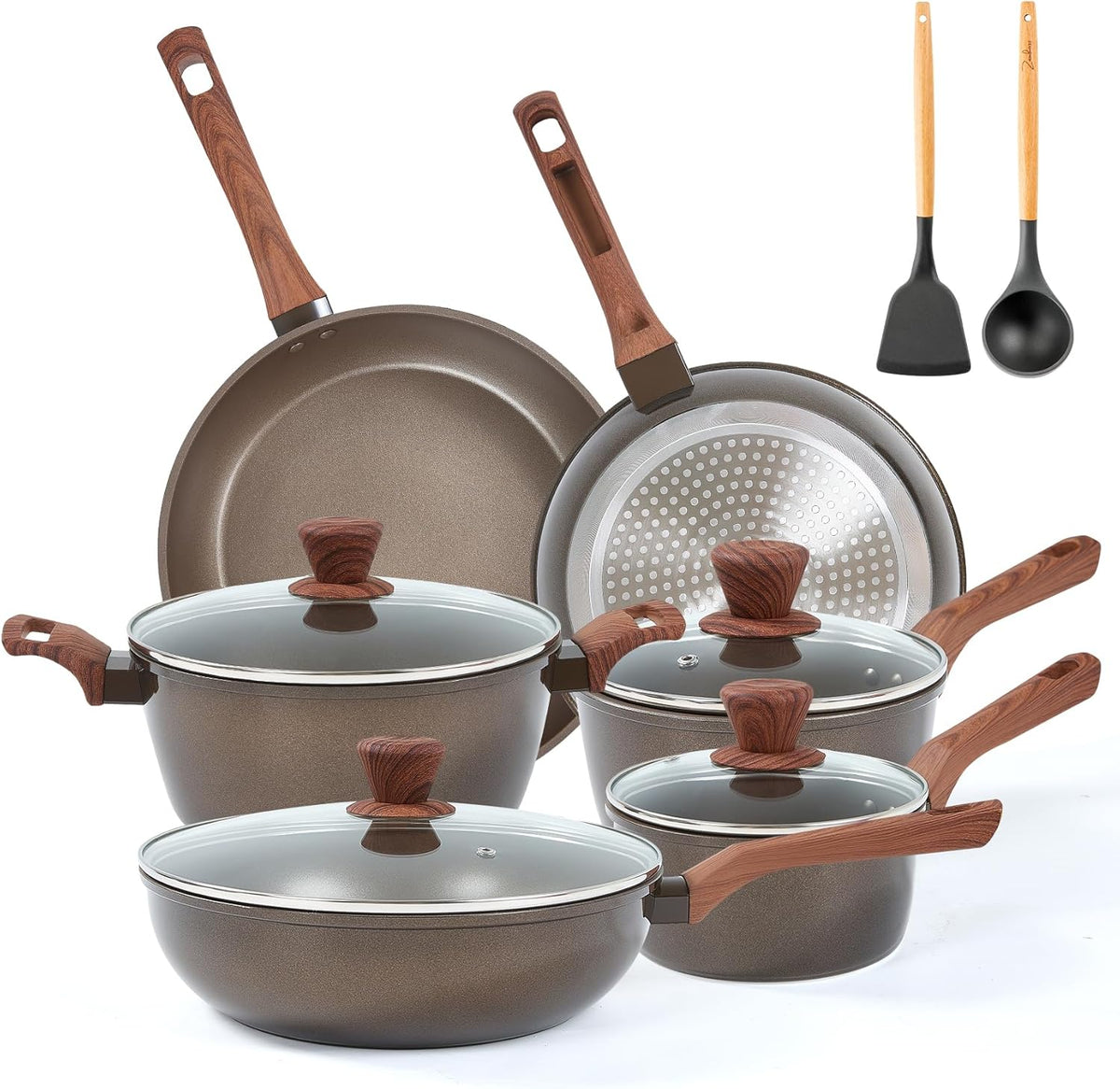 12Pcs Pots and Pans Set. Nonstick Cookware Sets. Non Stick Pots and Pan Set with Frying Pans. Saucepans. Steamer Silicone Shovel Spoon