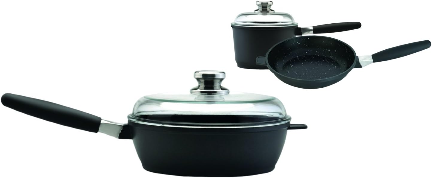 by BergHOFF Starter Set with 2 Lids | Ceramic and Titanium Cooking Surface | Durable. Lightweight Cast Construction | Detachable Handle for Oven Use | Designed in Europe. Made for America