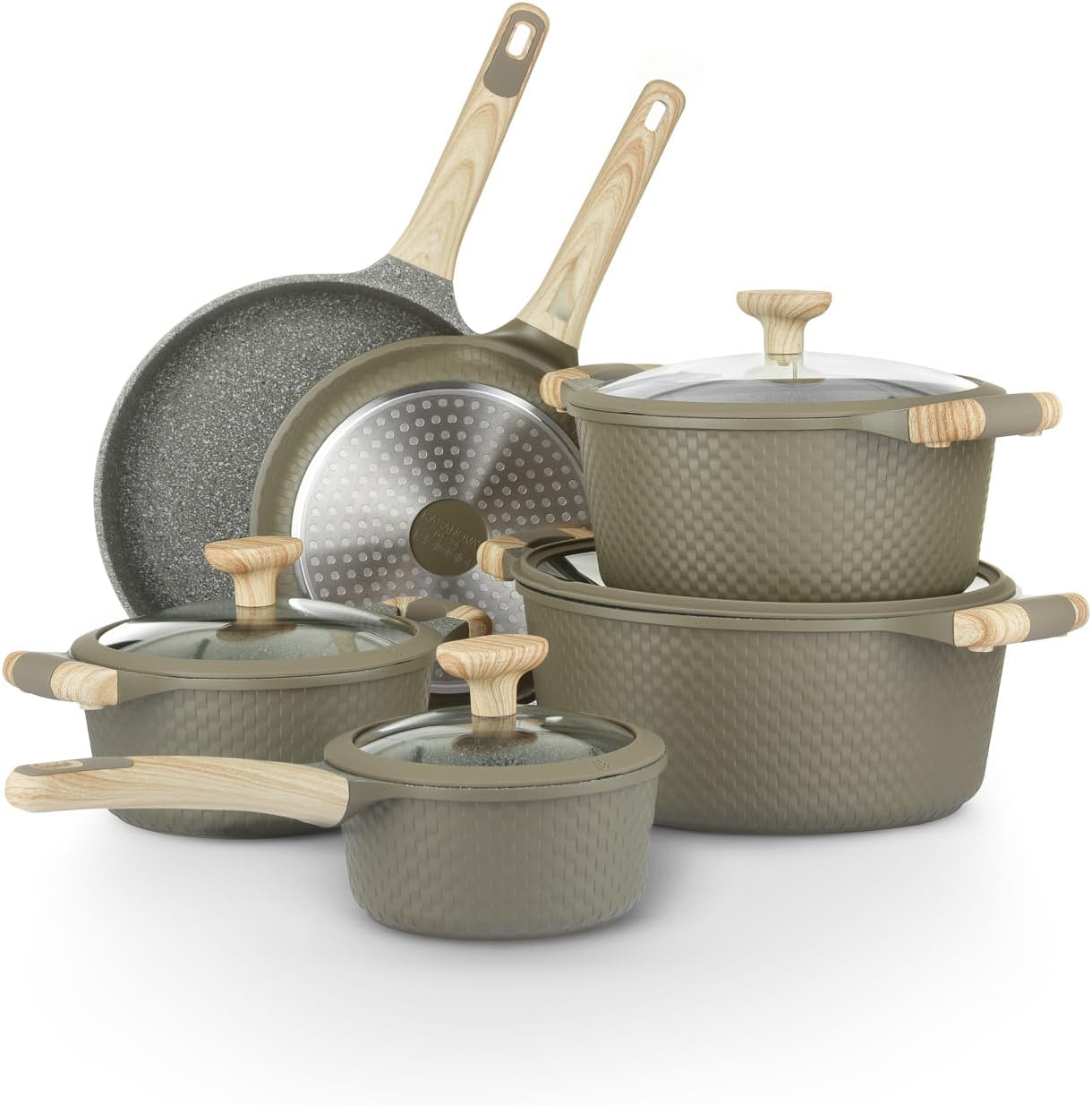 Bamb¨´ 10Pcs Cookware set. Die-cast Aluminum pots and pans. Nonstick frying pans and casseroles. Induction safe. PFOA-free (Green. 10 pcs)