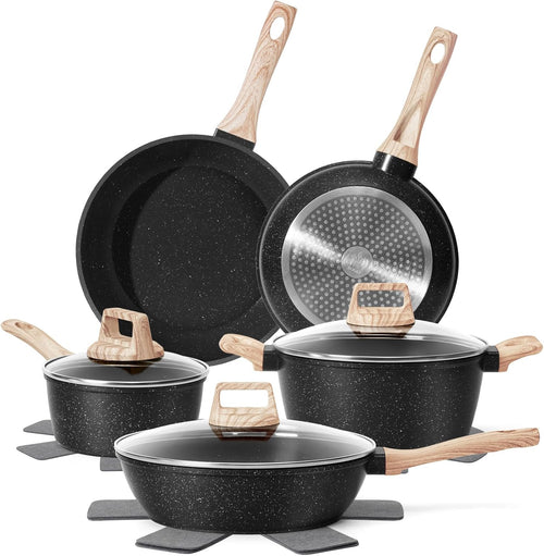 12 Pcs Pots and Pans Set Non stick. Cookware Sets Black Granite Induction Cookware. Non-toxic Healthy Nonstick Kitchen Cooking Set with Frying Pans Set. Saucepans (PFAS/PFOA/PFOS Free)