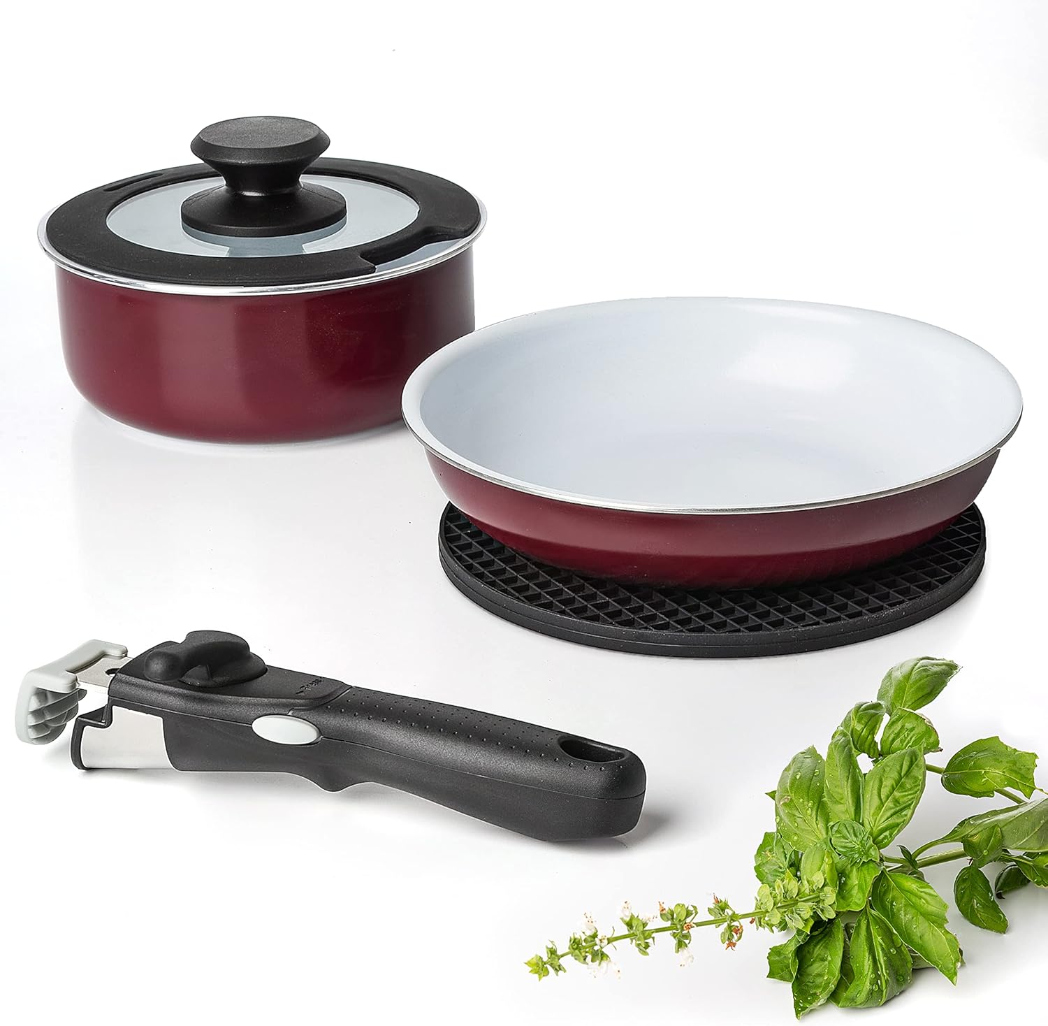 Moss & Stone 10pcs Black Pots and Pans Set Non Stick. Cookware Sets Detachable Handle. RV Kitchen Set Removable Handle. Oven Safe. Induction Ready. Stackable Non-stick Set. Camping Cookware Set